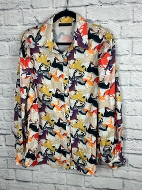 Nylon Apparel Horse Print Button Front Blouse Women’s Large Western Equestrian